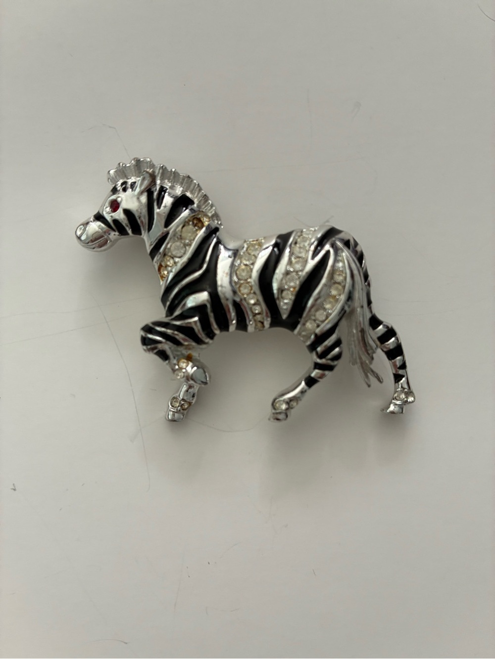 Silver Zebra Rhinestone Brooch - Black & White Pin